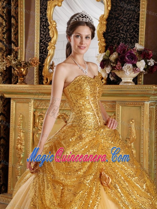 Plus Size Gold Sequins Dress for Quince with Handmade Flowers