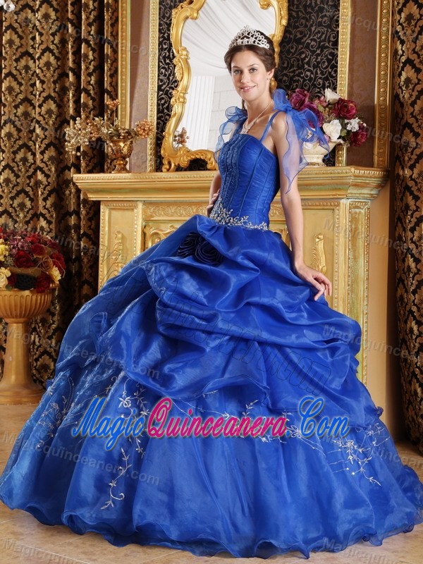 Cheap Straps Lace-up Appliqued Blue Dress for Quinceaneras