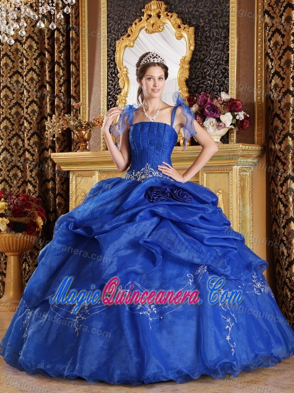 Cheap Straps Lace-up Appliqued Blue Dress for Quinceaneras