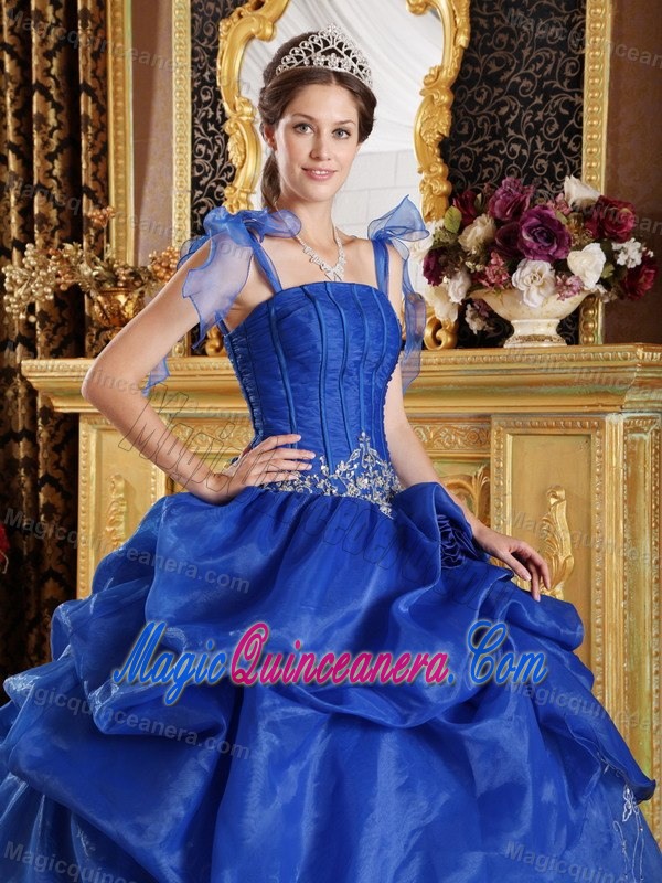 Cheap Straps Lace-up Appliqued Blue Dress for Quinceaneras