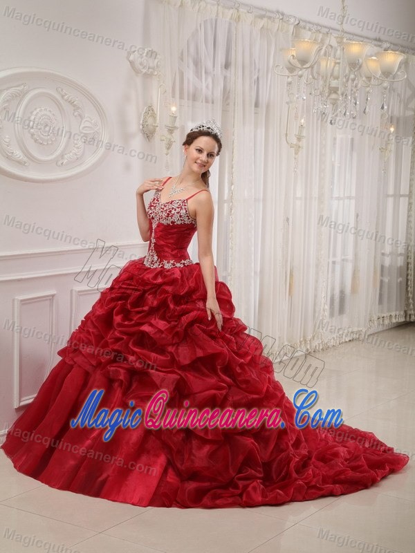 Straps Appliqued Pick Ups Wine Red Quinceanera Dresses
