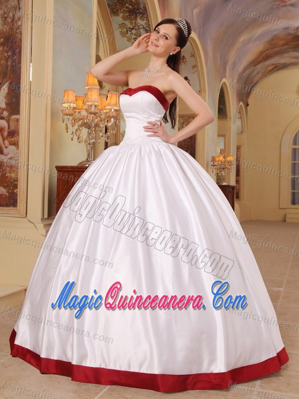 Simple White Ball Gown Sweet 15 Dresses with Wine Red Hem