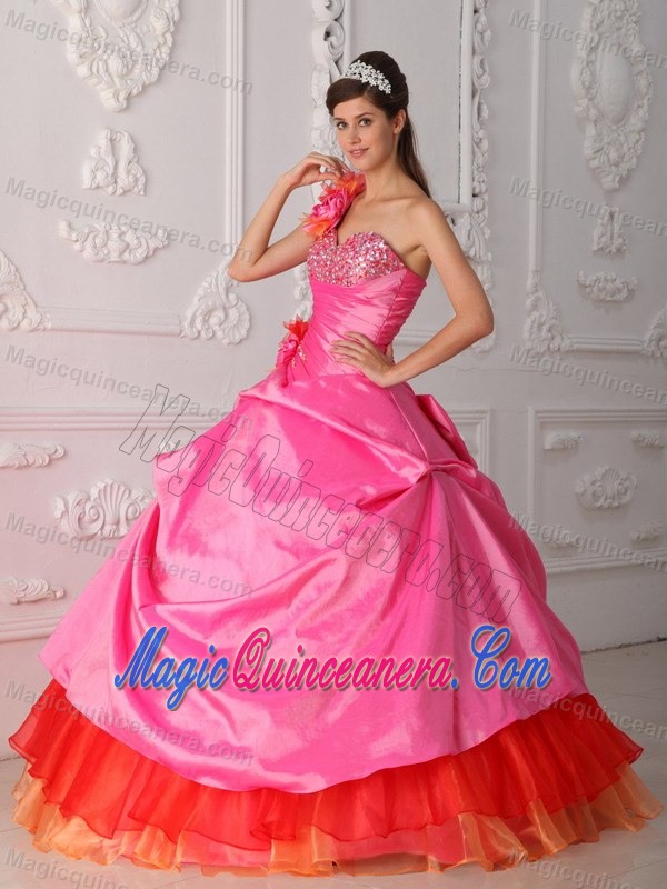 Cute Multi-color one Shoulder Beaded Flowers Sweet 16 Dresses