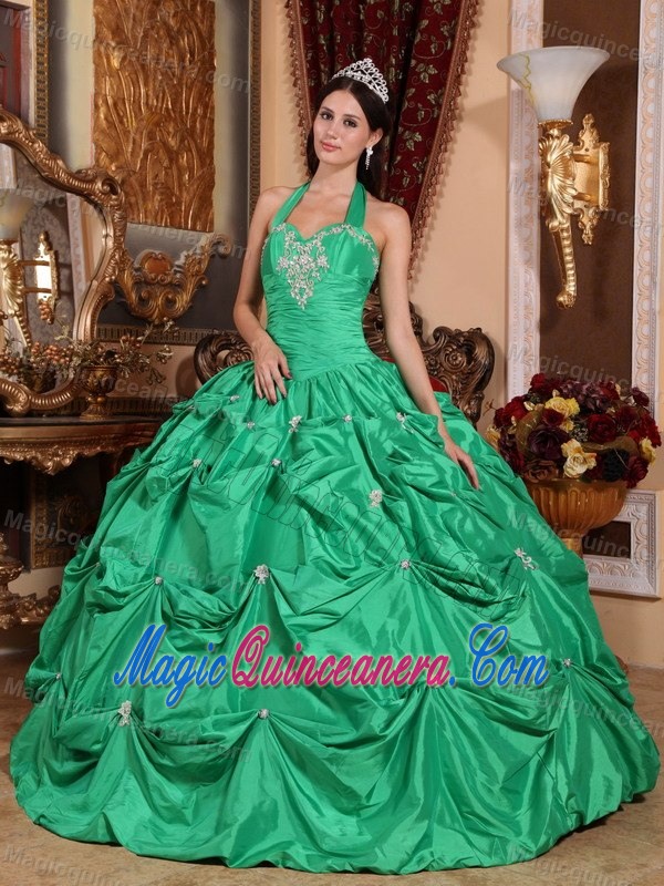 Affordable Halter Appliqued Pick Ups Green Sweet Sixteen Dress