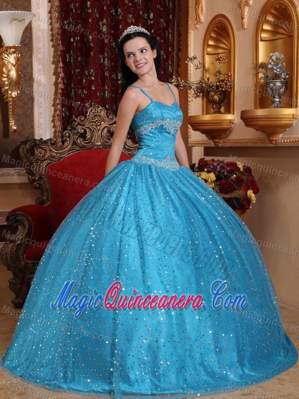 Spaghetti Straps Sequin Appliqued Blue Quinceanera dresses