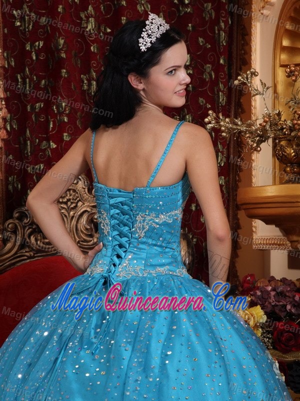 Spaghetti Straps Sequin Appliqued Blue Quinceanera dresses