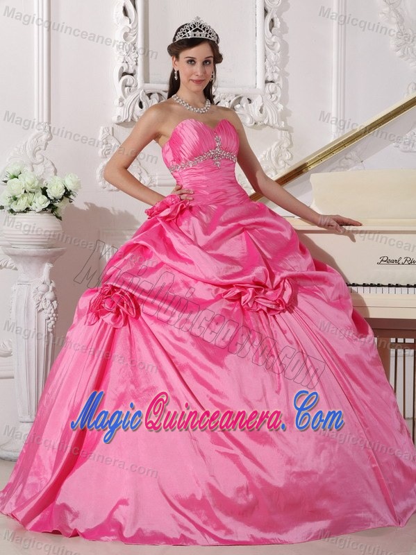 Cheap Hot Pink Sweetheart Beaded Flowers Quinceanera Dresses