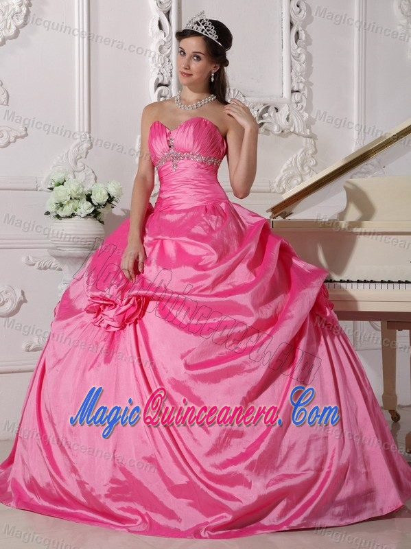 Cheap Hot Pink Sweetheart Beaded Flowers Quinceanera Dresses