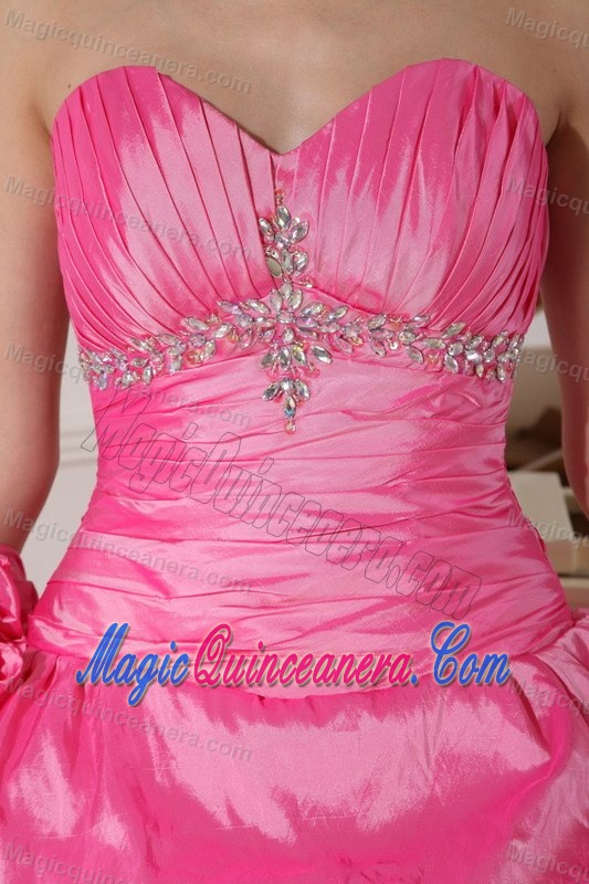 Cheap Hot Pink Sweetheart Beaded Flowers Quinceanera Dresses