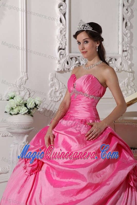 Cheap Hot Pink Sweetheart Beaded Flowers Quinceanera Dresses
