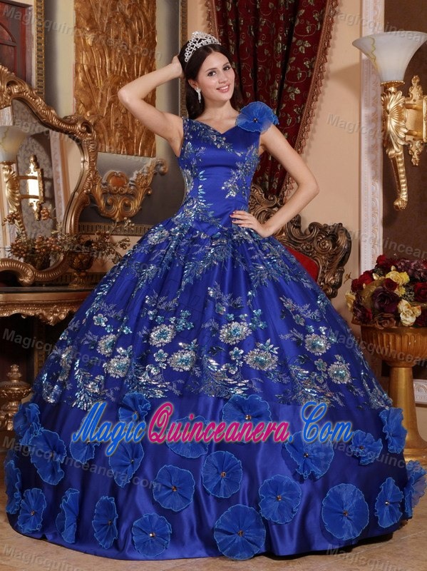 V-neck Appliqued Blue Sweet 15/16 Birthday Dress with Flowers