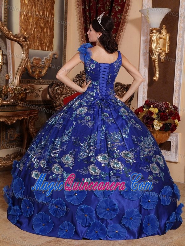 V-neck Appliqued Blue Sweet 15/16 Birthday Dress with Flowers