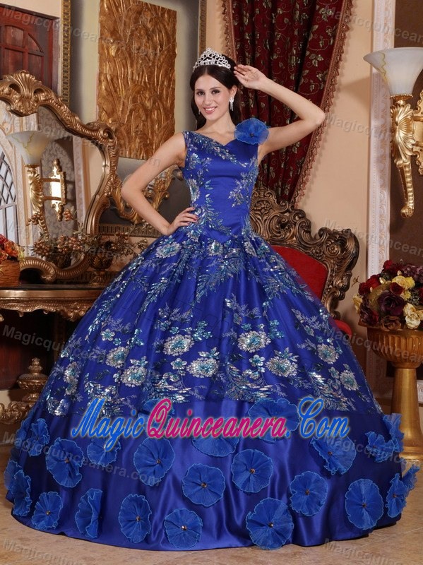 V-neck Appliqued Blue Sweet 15/16 Birthday Dress with Flowers