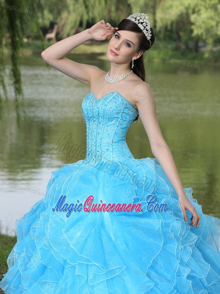 Famous Corset Back Ruffled Beaded Aqua Blue Sweet 16 Dress