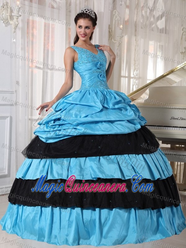 V-neck Pick Ups Flowers Blue and Black Quinceanera Dresses