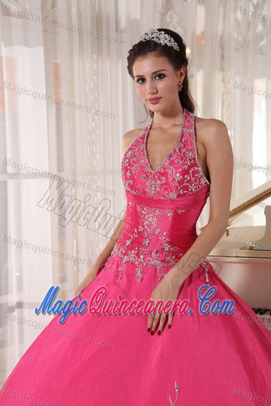 Dressy Red Halter Ball Gown Appliqued Dresses for Sweet 15