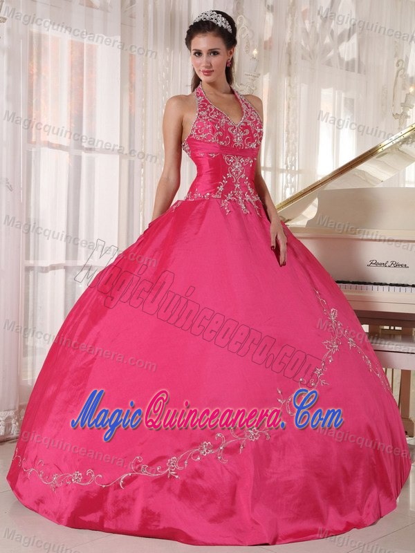 Dressy Red Halter Ball Gown Appliqued Dresses for Sweet 15