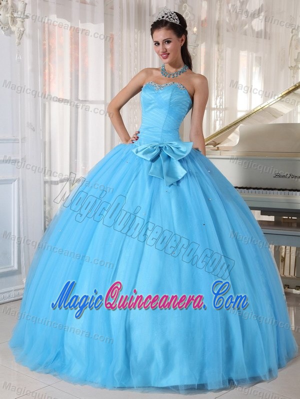 2013 Modest Ball Gown Aqua Blue Sweet 15 Dress with Bowknot