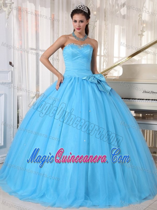 2013 Modest Ball Gown Aqua Blue Sweet 15 Dress with Bowknot