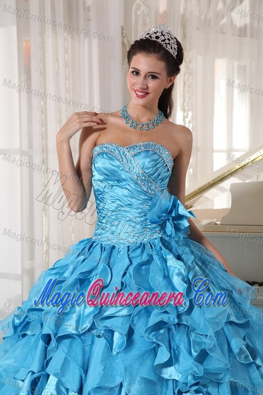 Mature Beaded Ruffled Ball Gown Teal Sweet 16 Dresses Factory