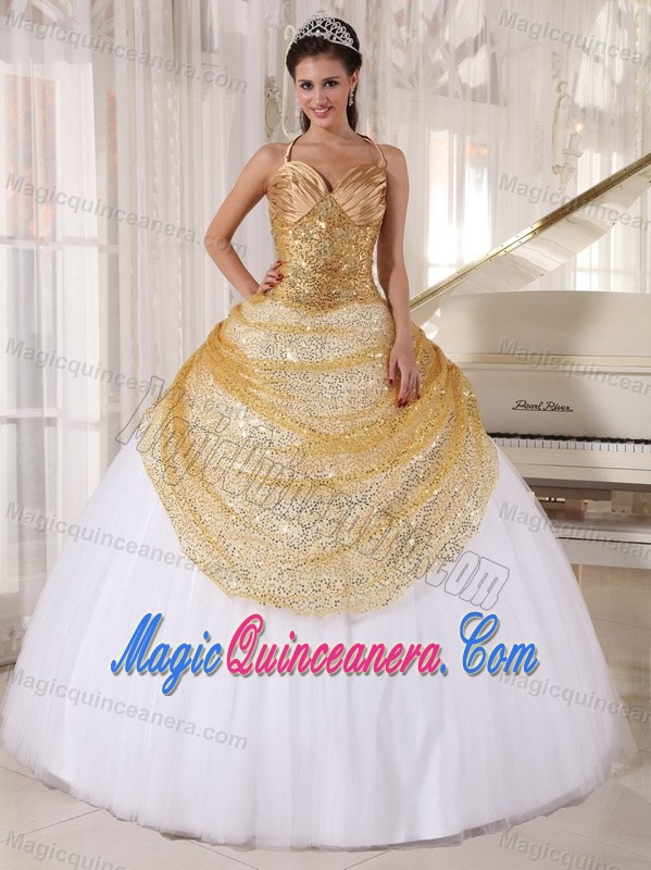 Discount Halter Top White and Gold Sequins Dress for Sweet 16