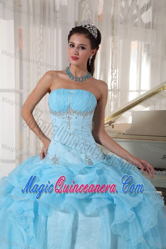 Elegant Baby Blue Ball Gown Beaded Dress for Quince in Mixco