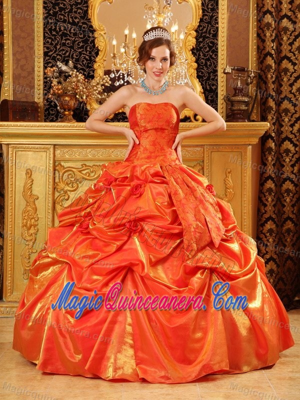 New Orange Red Pick Ups Flowers Quinceanera Party Dresses