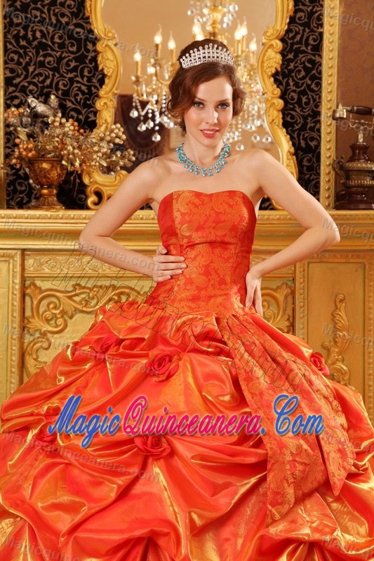 New Orange Red Pick Ups Flowers Quinceanera Party Dresses