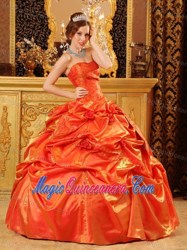 New Orange Red Pick Ups Flowers Quinceanera Party Dresses