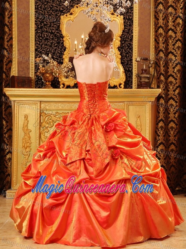 New Orange Red Pick Ups Flowers Quinceanera Party Dresses