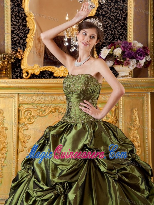 Cheap Strapless Olive Green Appliqued Flower Dress for Quince