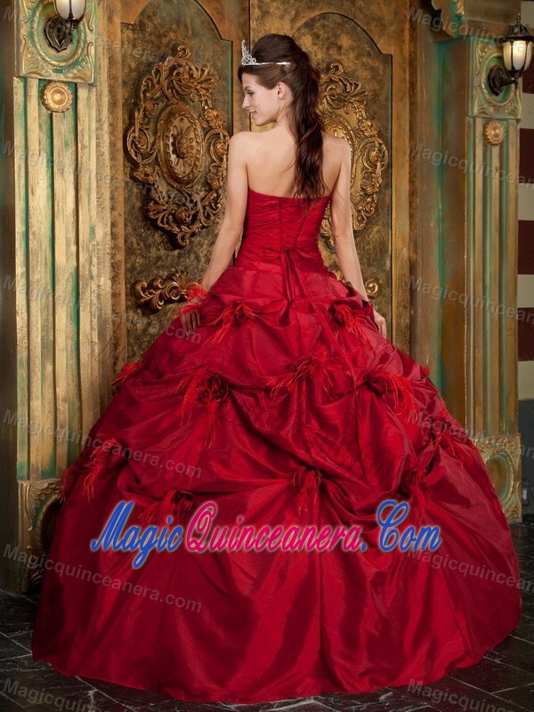 Unique Red Strapless Pick Ups Beaded Feather Quinceanera Dress