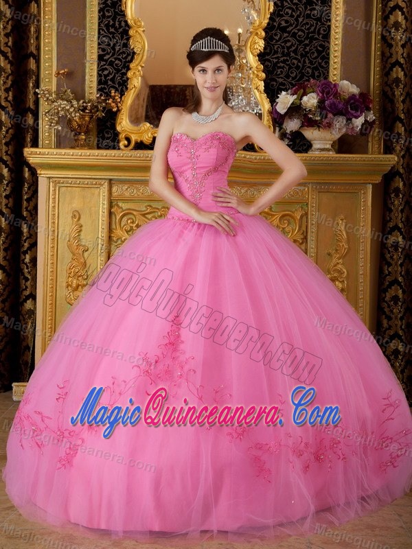 Fast Shipping Rose Pink Ball Gown Appliqued Quinceanera Dress