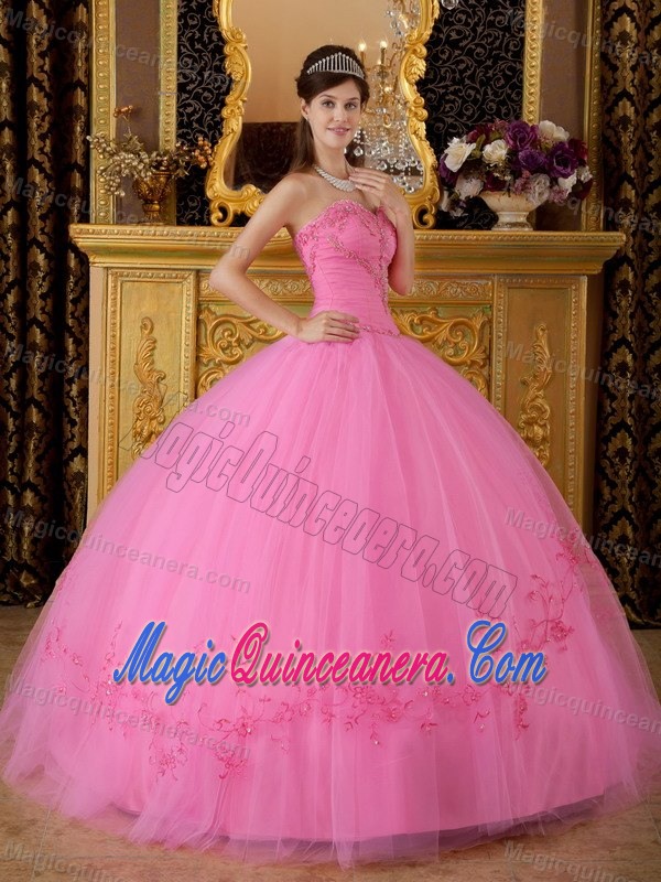 Fast Shipping Rose Pink Ball Gown Appliqued Quinceanera Dress