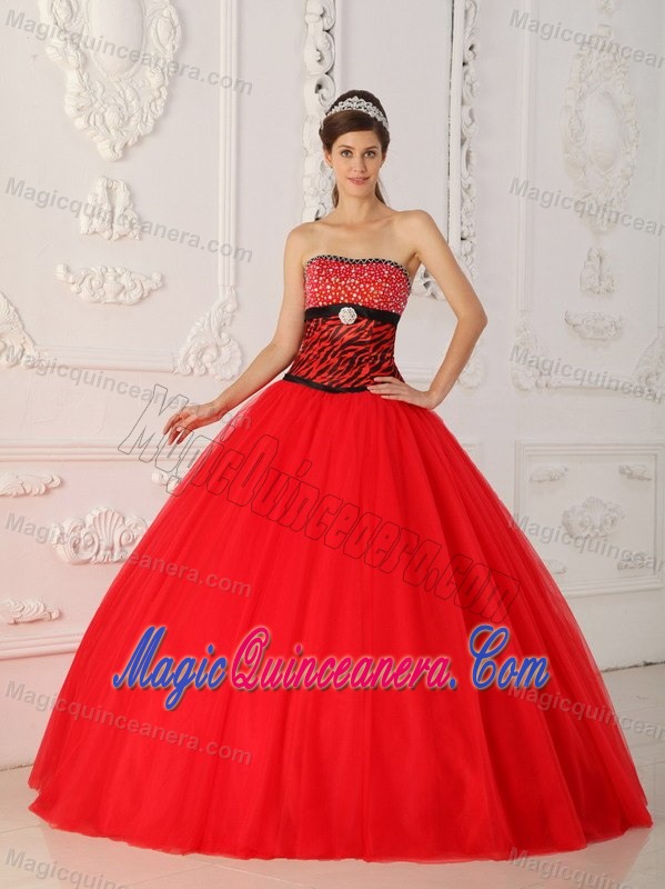 Beaded Red Ball Gown Quince Dresses with Zebra Print for Cheap