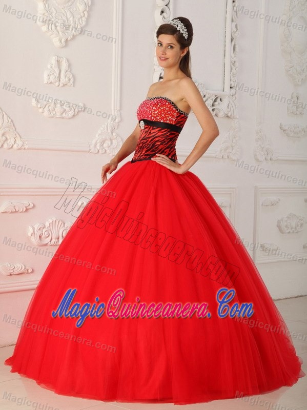Beaded Red Ball Gown Quince Dresses with Zebra Print for Cheap