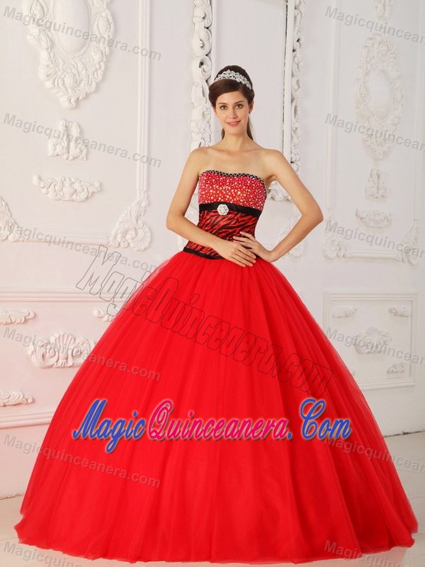 Beaded Red Ball Gown Quince Dresses with Zebra Print for Cheap