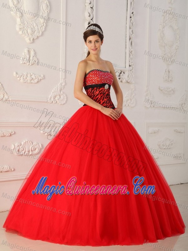 Beaded Red Ball Gown Quince Dresses with Zebra Print for Cheap