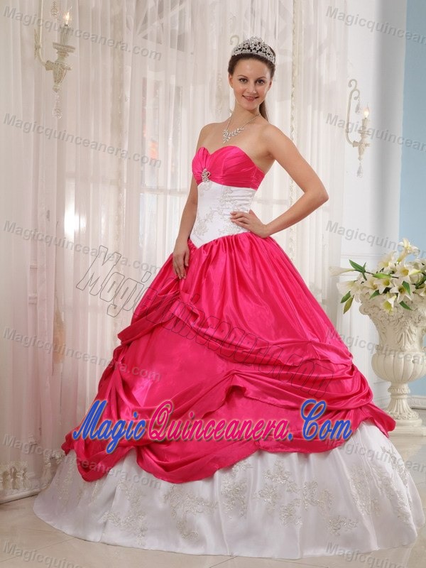 Appliqued White and Hot Pink Taffeta Quince Dresses with Pick ups