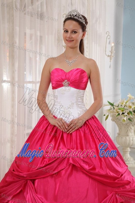Appliqued White and Hot Pink Taffeta Quince Dresses with Pick ups