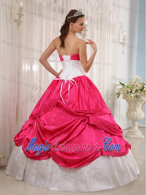 Appliqued White and Hot Pink Taffeta Quince Dresses with Pick ups