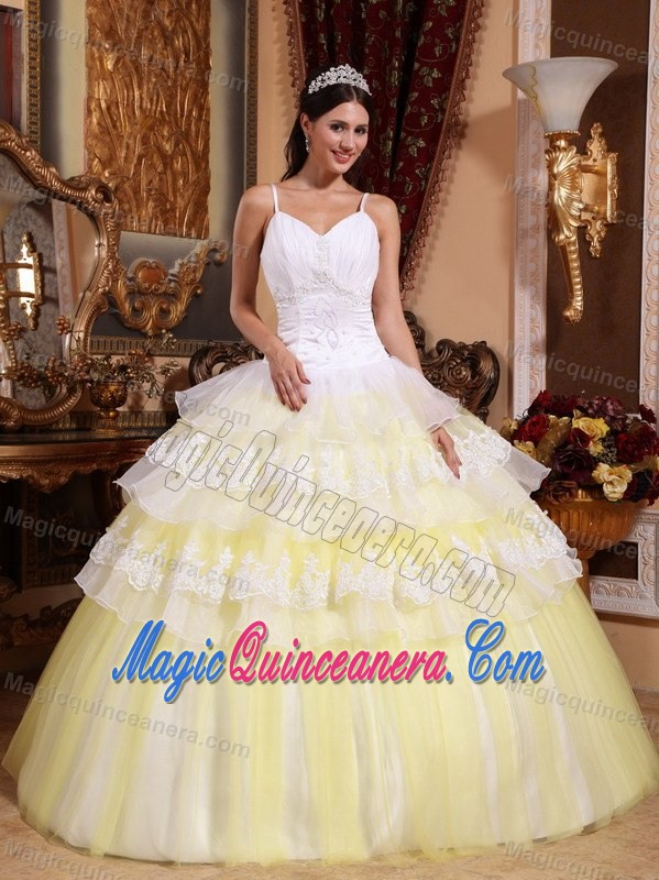 White and Yellow Quince Dresses with Appliques and Spaghetti Straps