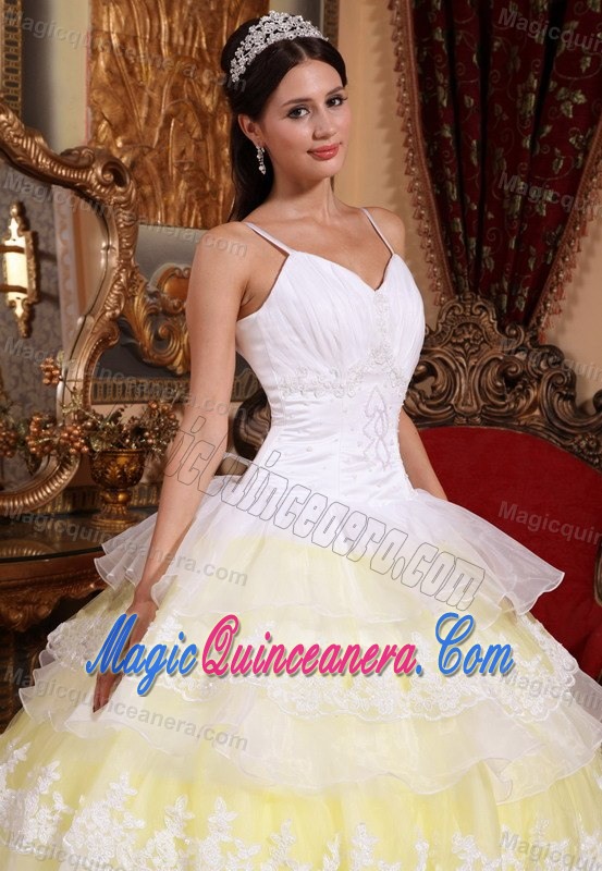 White and Yellow Quince Dresses with Appliques and Spaghetti Straps