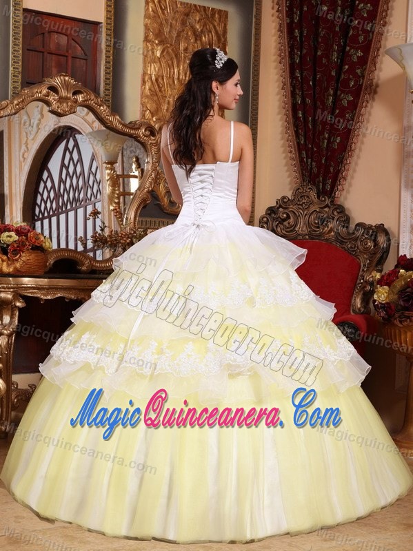 White and Yellow Quince Dresses with Appliques and Spaghetti Straps