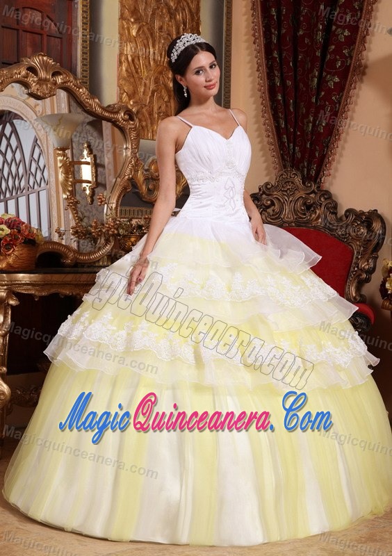White and Yellow Quince Dresses with Appliques and Spaghetti Straps