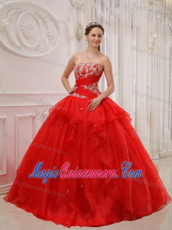 Best Red Organza Strapless Quince Dresses with Beading and Ruffles