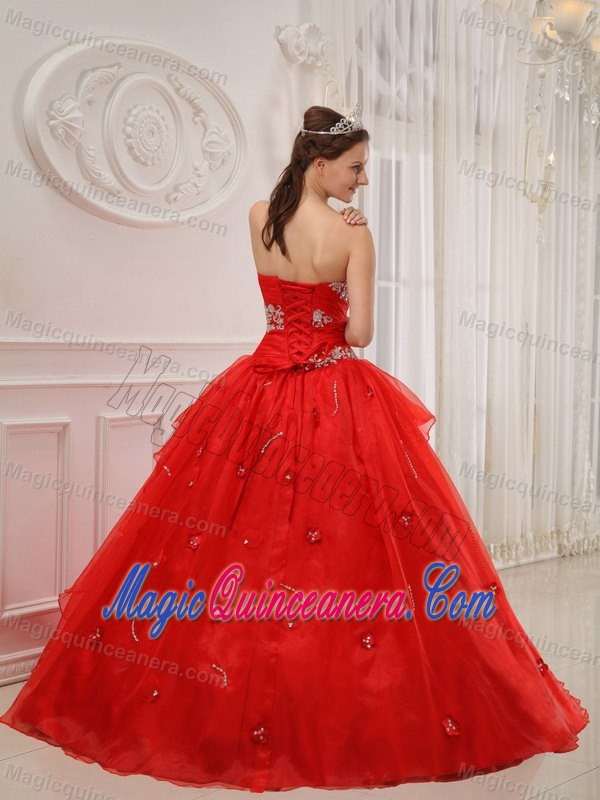 Best Red Organza Strapless Quince Dresses with Beading and Ruffles