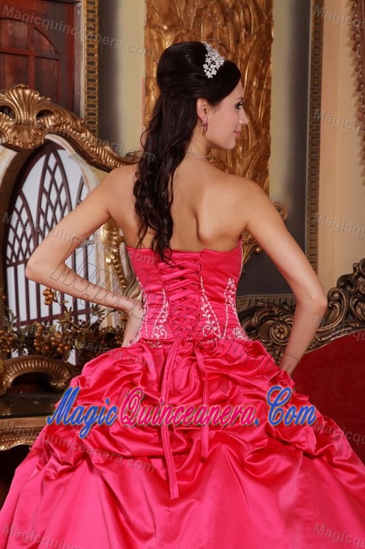 Coral Red Ball Gown Strapless Quince Dresses with Embroidery 2013