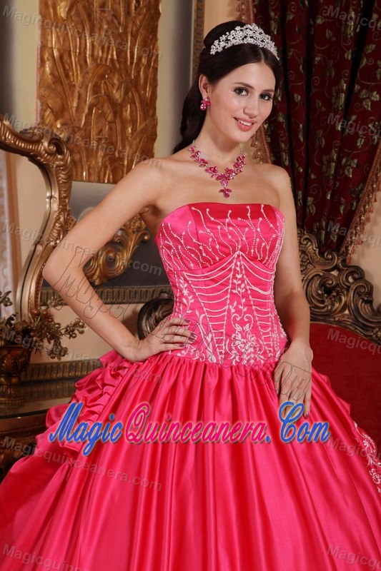 Coral Red Ball Gown Strapless Quince Dresses with Embroidery 2013