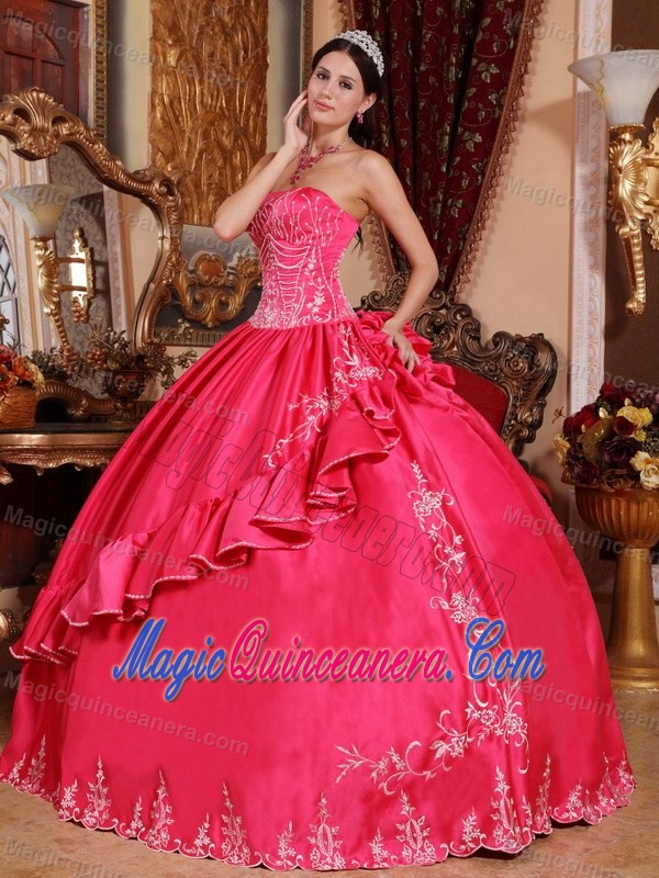 Coral Red Ball Gown Strapless Quince Dresses with Embroidery 2013
